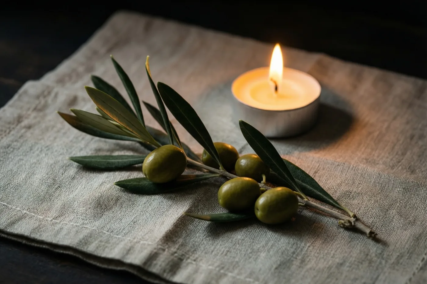 Een olijftakje met groene olijven en bladeren ligt op een lichte linnen doek naast een brandende witte kaars, in zacht kaarslicht met groene, beige en warmgele tinten.