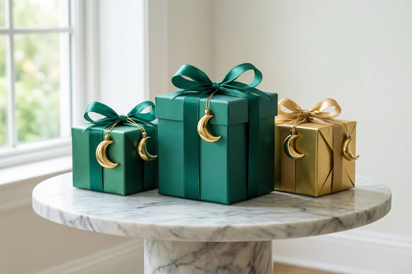 Twee smaragdgroene geschenkdozen en één gouden geschenkdoos staan op een witte marmeren sidetable, elk met een bijpassend lint en kleine gouden maansikkels, in zacht licht van een raam.