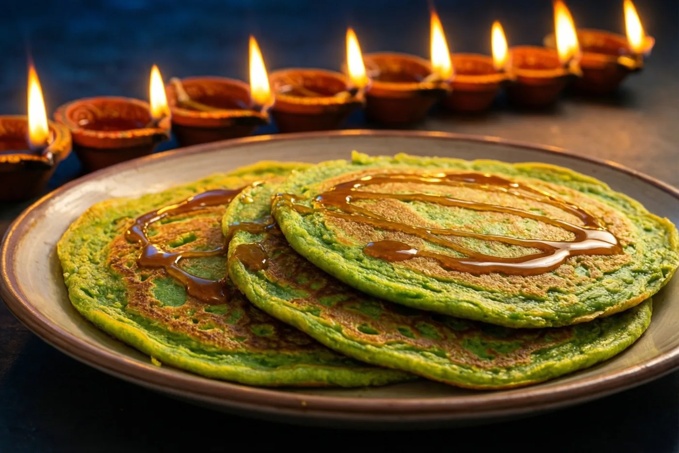 Een bord groene malpuapannenkoekjes met siroop staat voor een rij brandende olielampjes tegen een donkere achtergrond.