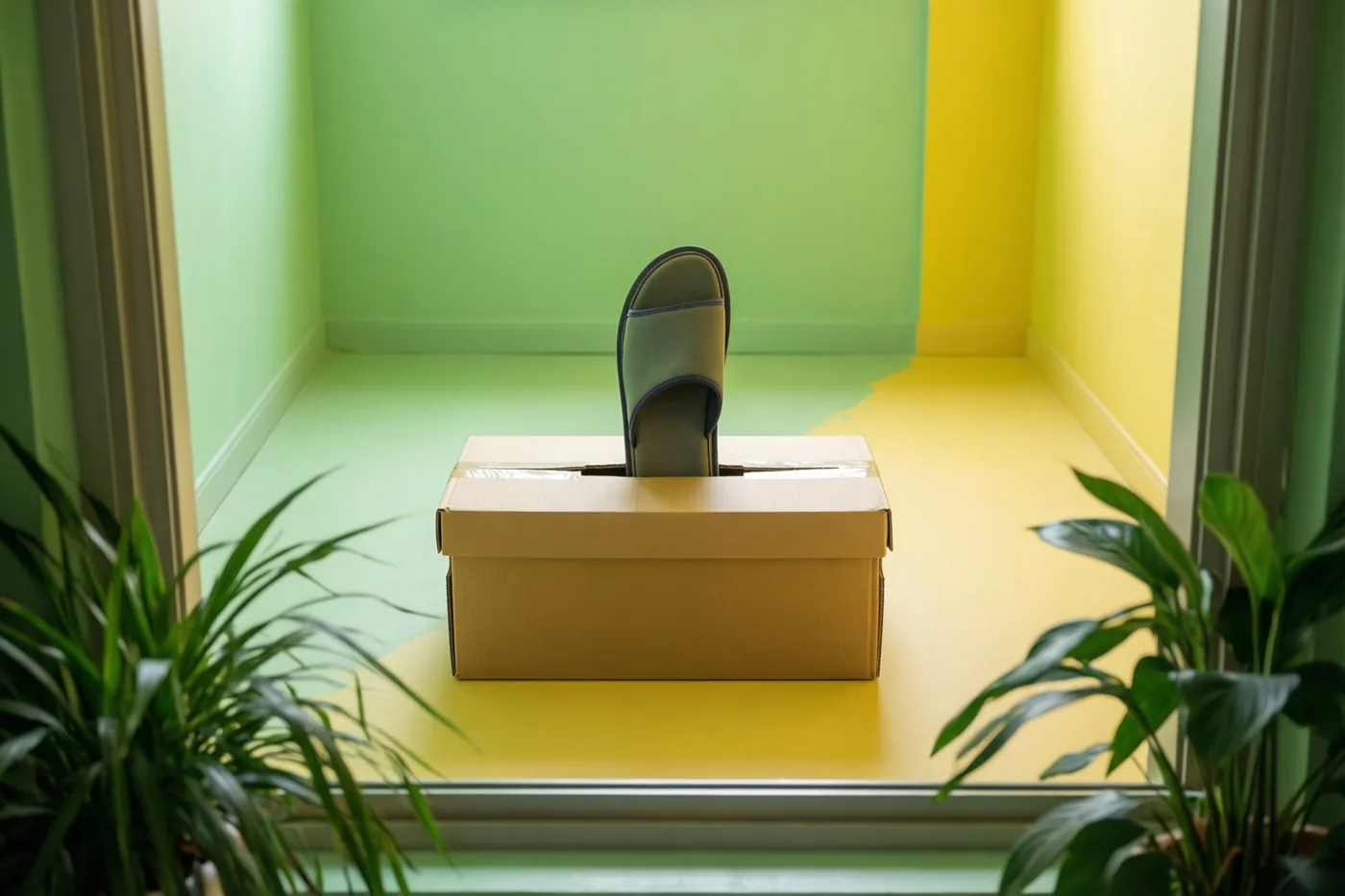 Een groene pantoffel steekt uit het deksel van een gesloten verhuisdoos in een lege kamer met groene en gele tinten, met potplanten op de voorgrond.