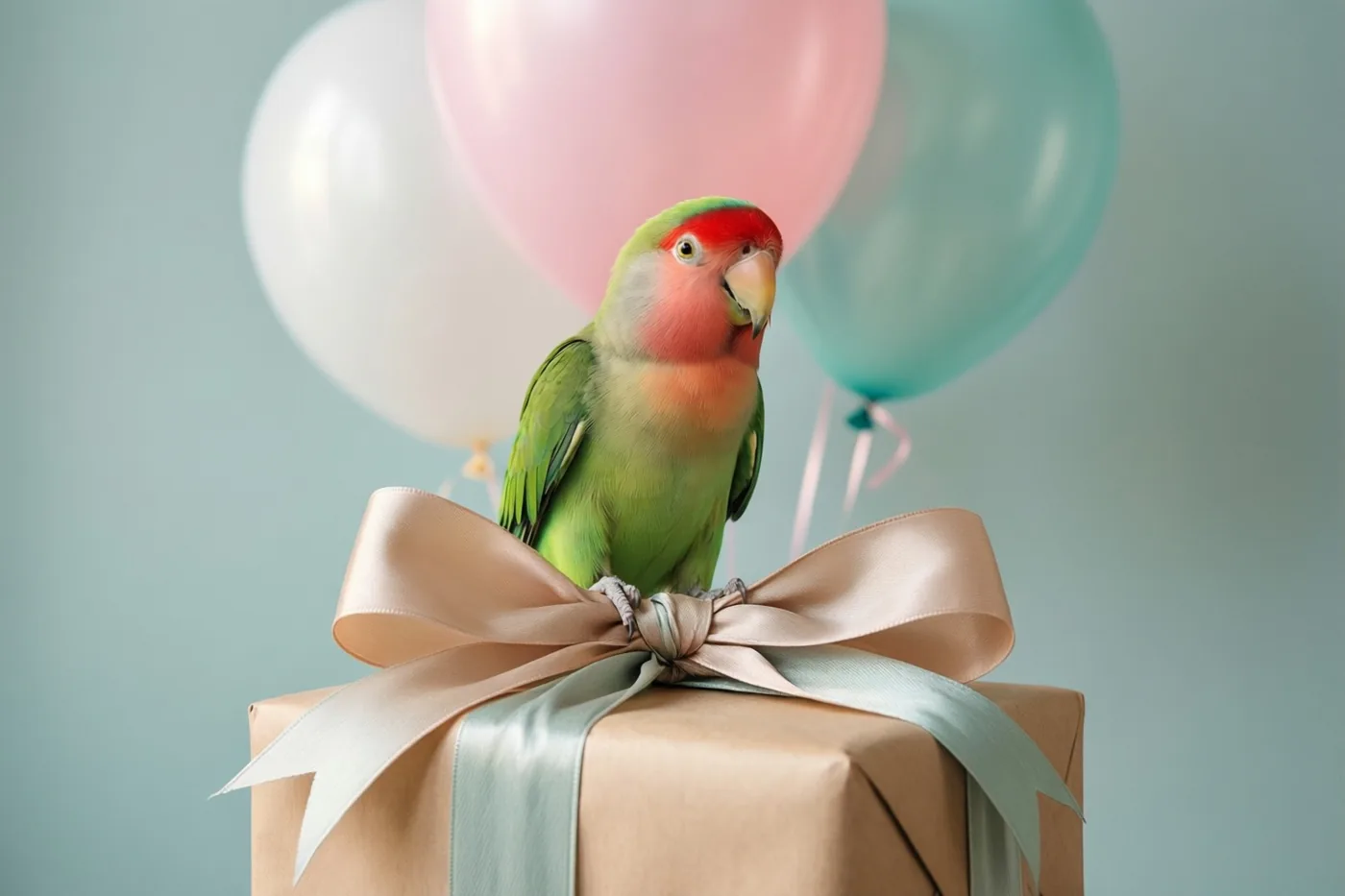 Een groene papegaai met een rood gezicht zit op een bruine cadeaudoos met een grote beige en lichtblauwe strik, met onscherpe pastelballonnen tegen een gedempt blauwgroene muur.