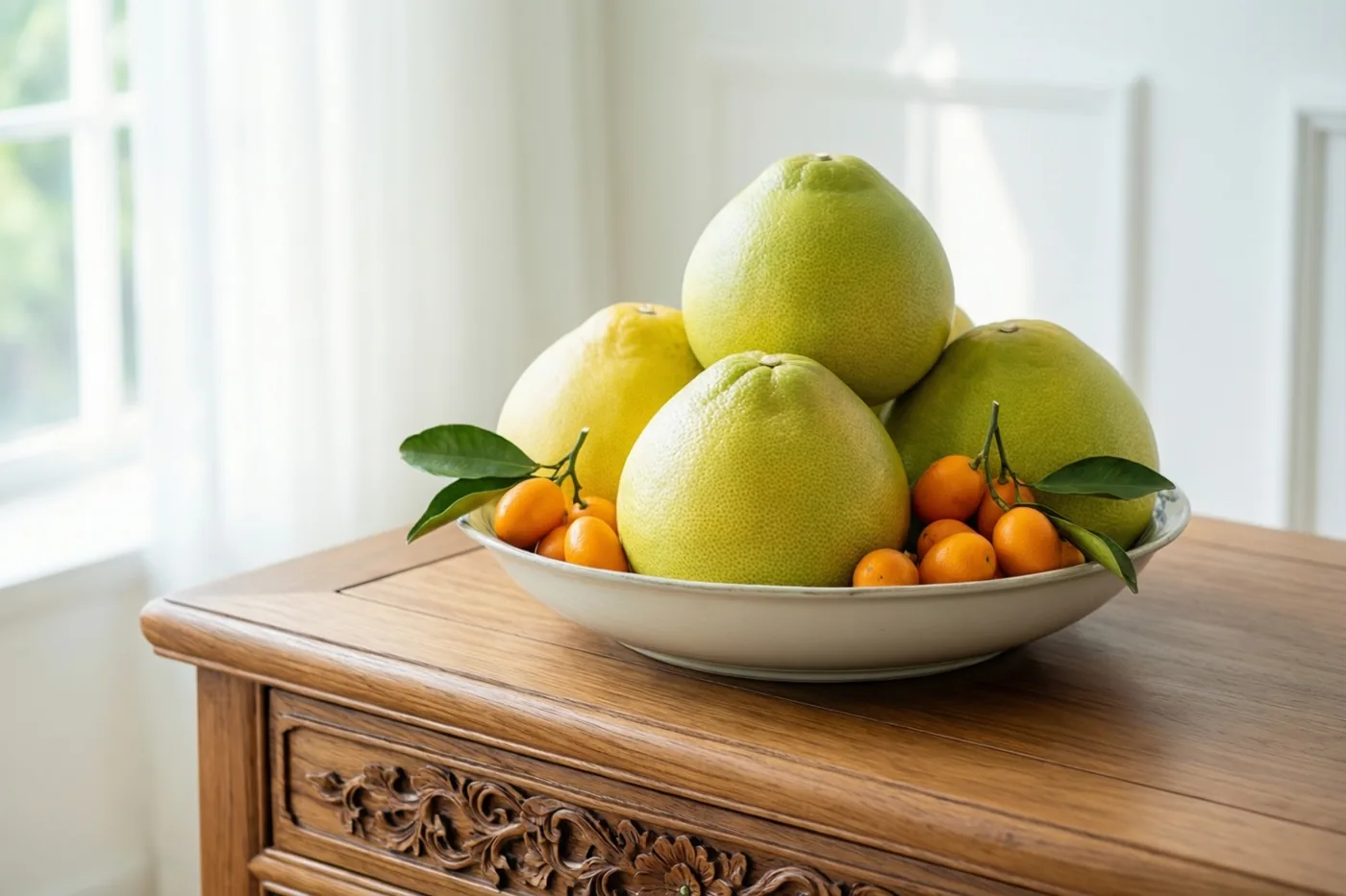 Een schaal met groene pomelo's en kleine oranje kumquats staat op een uitgesneden houten dressoir bij een raam in zacht daglicht.