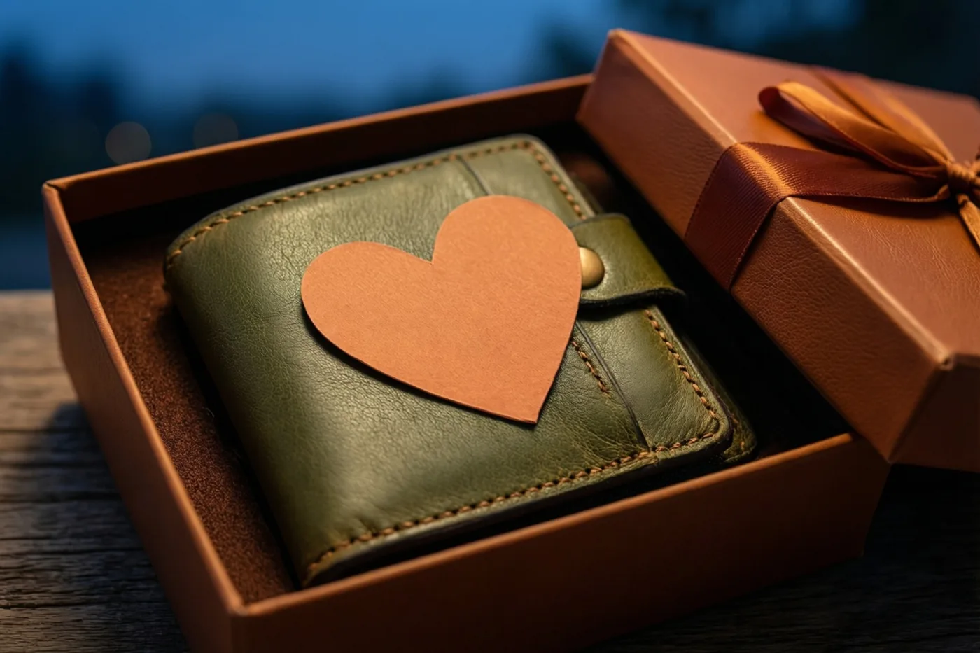 Een groene leren portefeuille met een bruin papieren hart ligt in een open bruine geschenkdoos op hout, met een onscherpe blauwe achtergrond.
