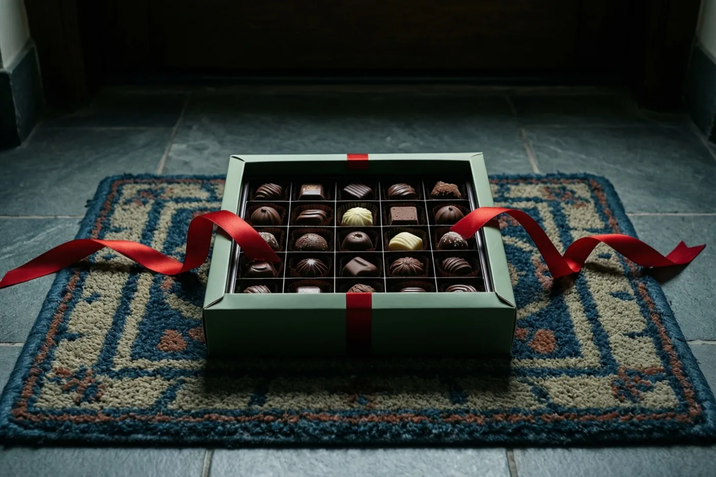 Een open groene doos Belgische pralines met een rood lint staat op een deurmat met een patroon op een tegelvloer in gedempt licht.