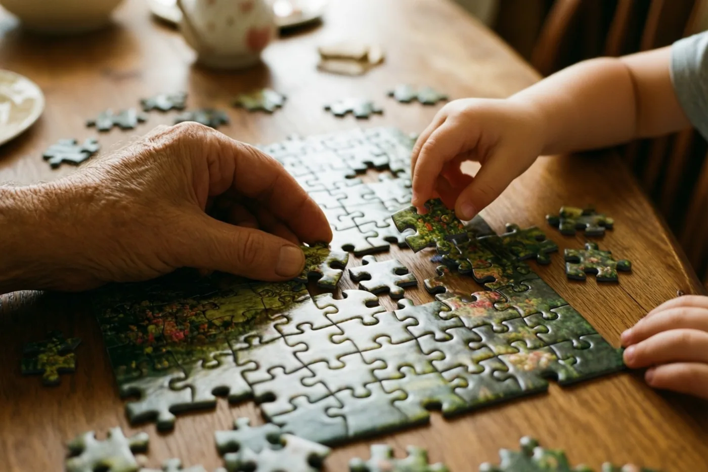 Een oudere persoon en een kind maken samen een legpuzzel met groene tinten op een houten eettafel.