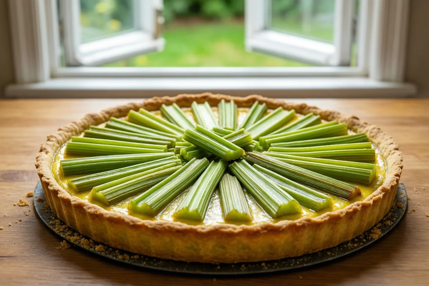 Een rabarbertaart met groene stengels die vanuit het midden naar buiten wijzen staat op een houten tafel voor een open raam met zicht op een groene tuin.