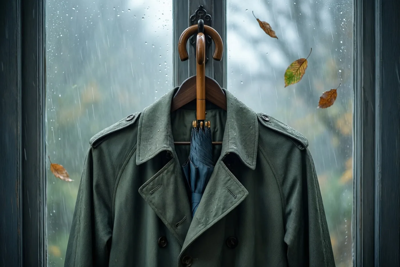 Een oude groene regenjas en een blauwe paraplu hangen aan een houten haak bij een raam, met buiten mist, regen en vallende herfstbladeren.