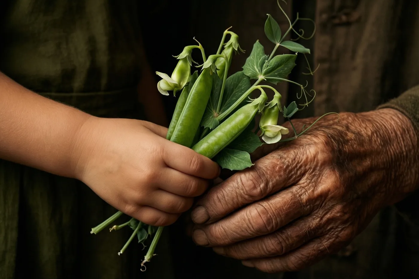 Een kinderhand biedt een bosje groene reukerwten aan een gerimpelde hand aan tegen een donkere achtergrond.