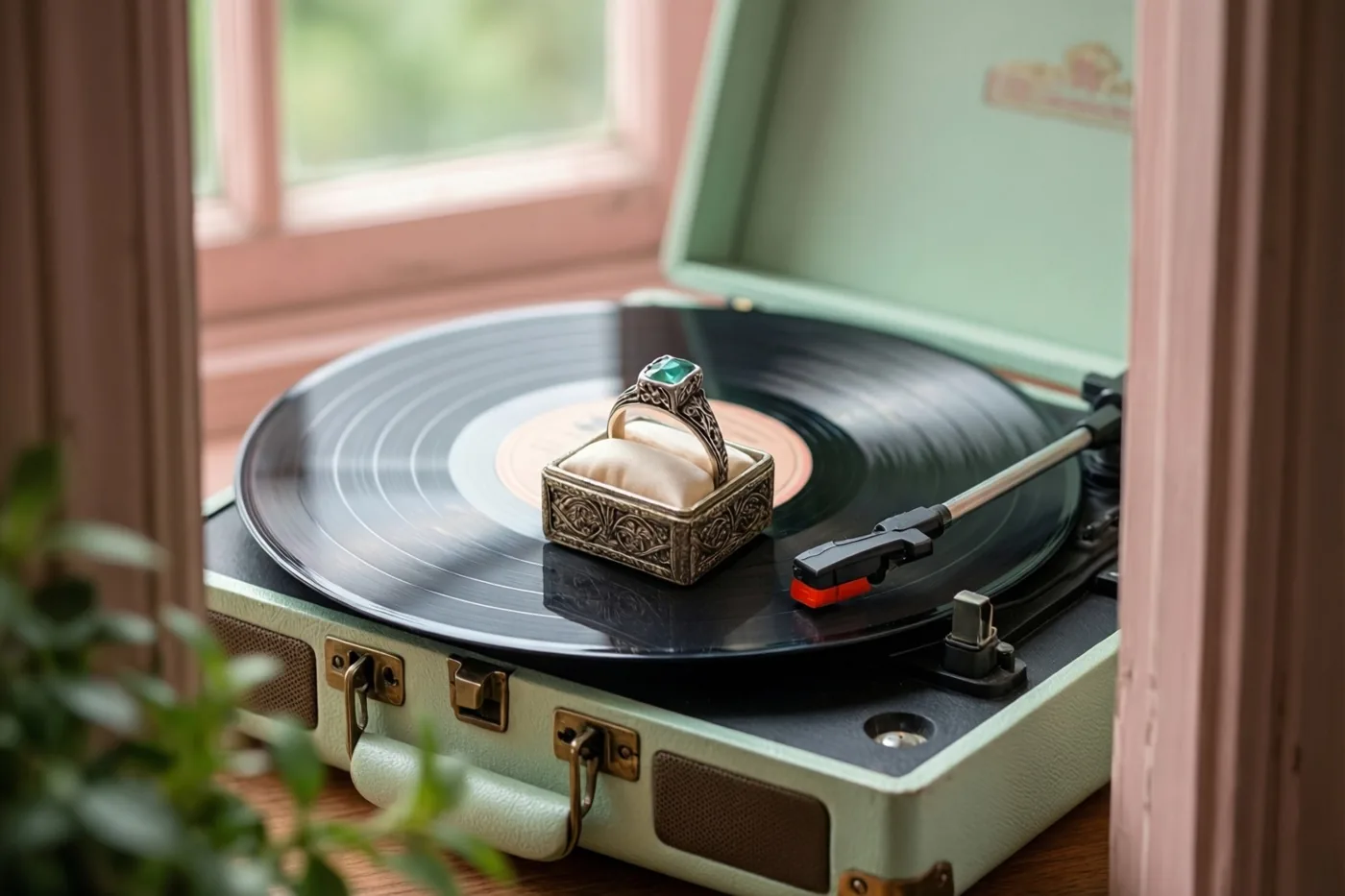 Een sierlijk ringdoosje met een ring met een groene edelsteen staat op een draaiende vinylplaat op een mintgroene retroplatenspeler bij een raam.