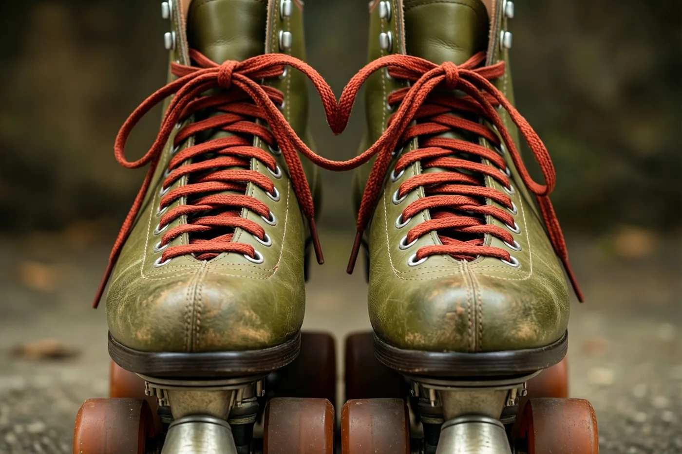Een paar oude olijfgroene leren rolschaatsen met rode veters in hartvorm is van dichtbij te zien tegen een wazige buitenachtergrond.