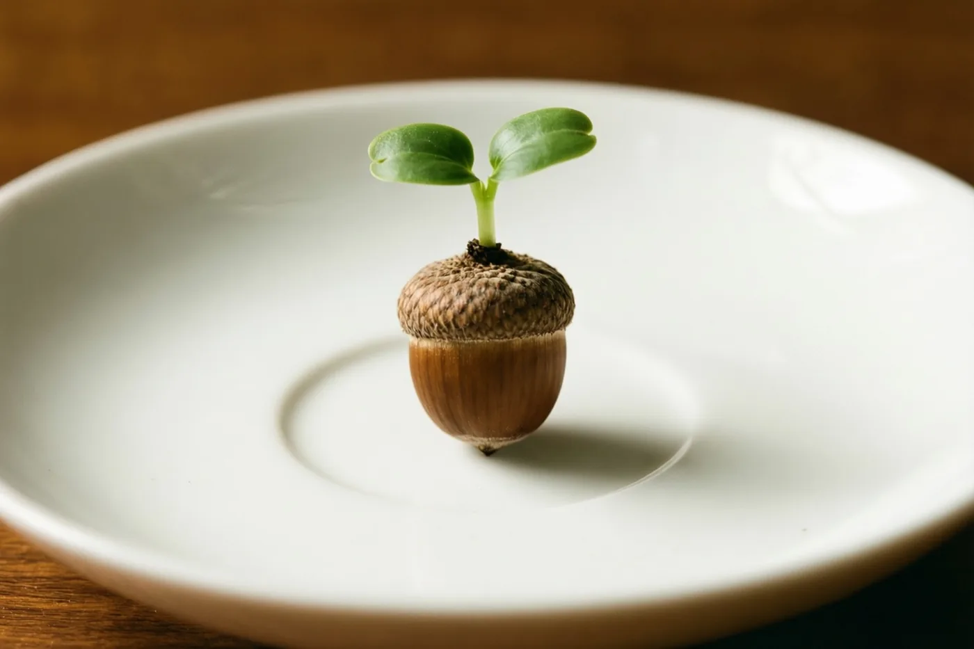 Een ontkiemende eikel met een groene scheut ligt midden op een wit porseleinen schaaltje, voor een warme houten achtergrond in zacht licht.