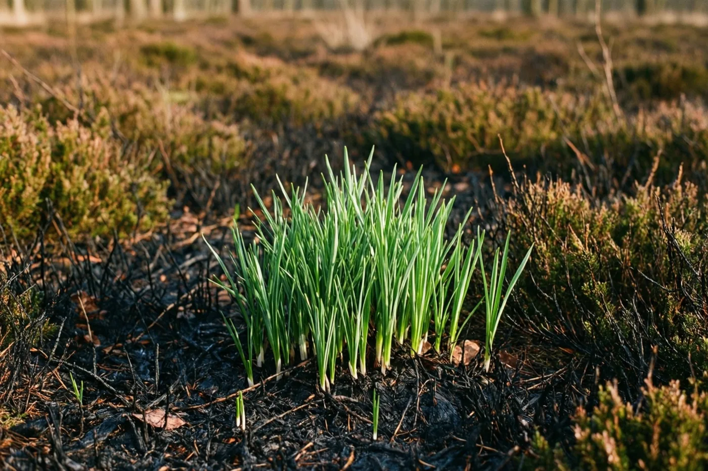 Felgroene scheuten groeien uit donkere, verkoolde aarde op een heideveld met bruine en groene heide in warm natuurlijk licht.
