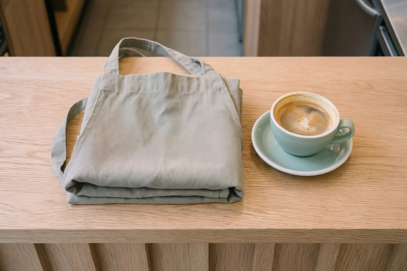 Een opgevouwen lichtgroene schort ligt op een lichte houten cafétoog naast een lichtblauw kopje koffie op een bijpassend schoteltje.