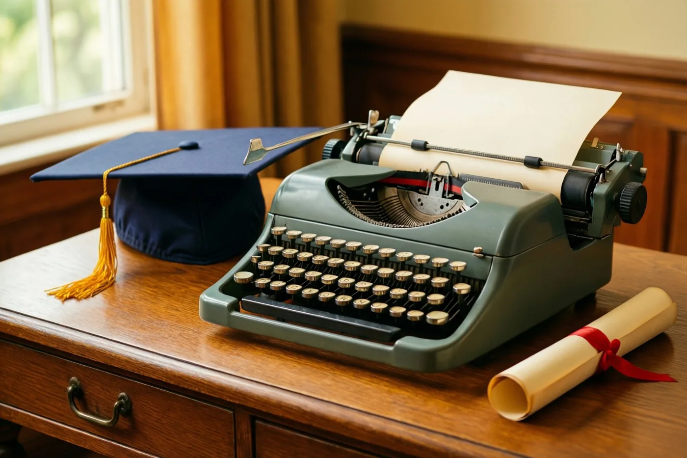 Een oude groene schrijfmachine staat op een houten bureau naast een blauwe afstudeerhoed met gouden kwast en een opgerold diploma met rood lint, in warm licht en vervaagde tinten.