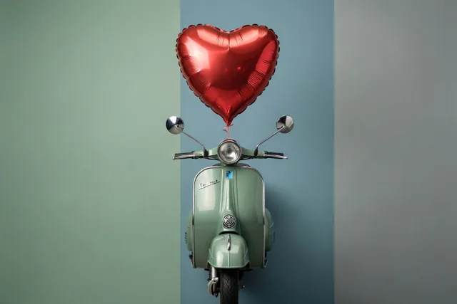 Een groene retroscooter staat voor een achtergrond in gedempt groen, blauw en grijs, met een glanzende rode hartjesballon aan het stuur.
