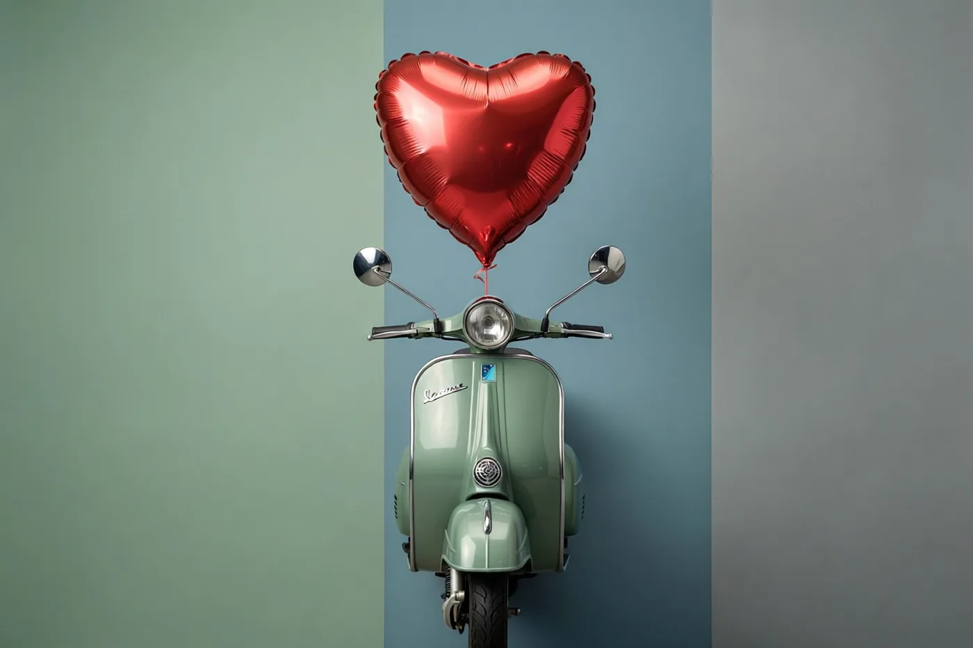 Een groene retroscooter staat voor een achtergrond in gedempt groen, blauw en grijs, met een glanzende rode hartjesballon aan het stuur.
