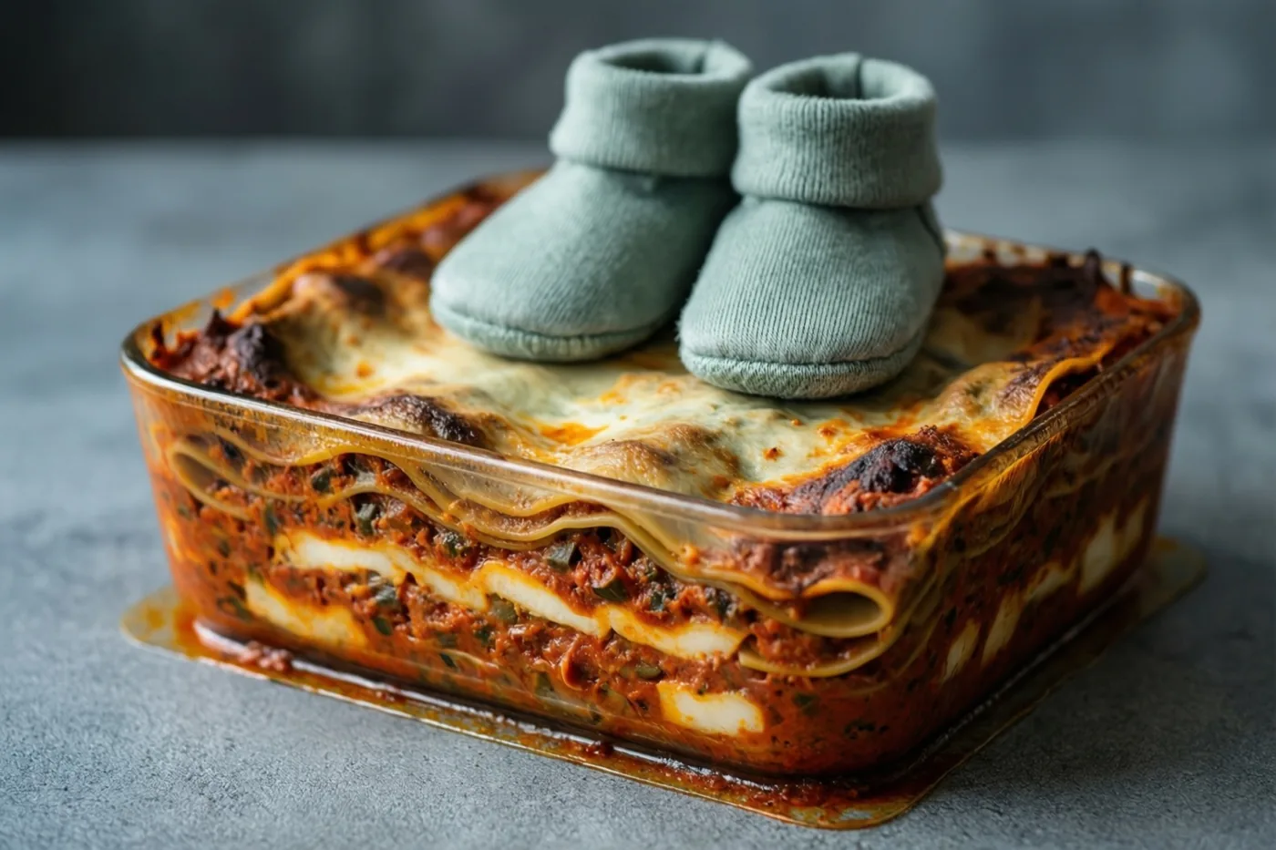 Groene babyslofjes liggen op versgebakken lasagne in een glazen ovenschaal op een grijs oppervlak tegen een wazige grijze achtergrond.