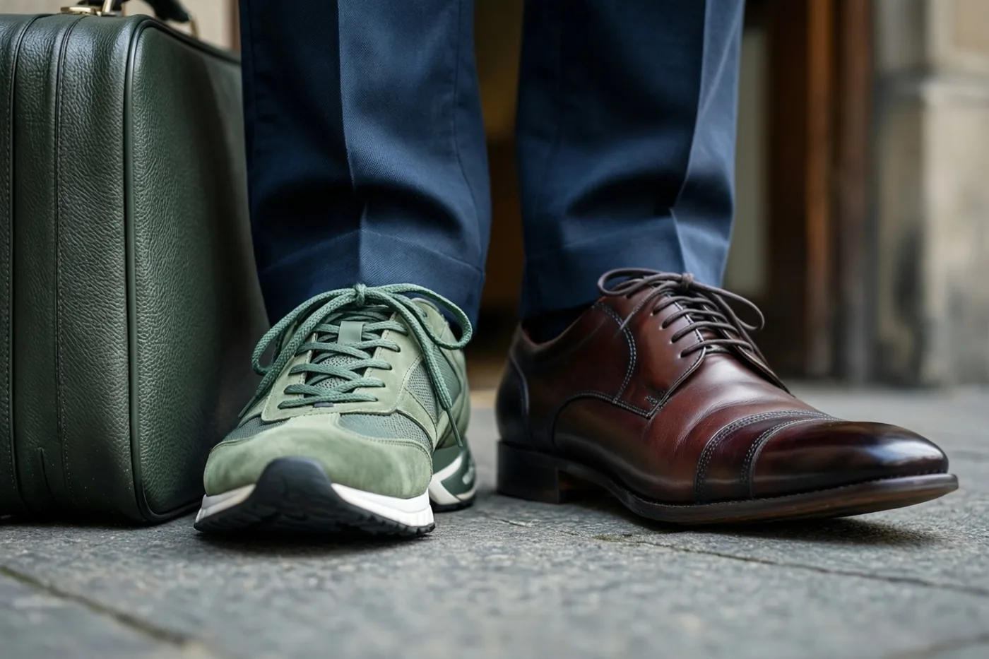 Iemand in een donkerblauwe broek draagt één groene sneaker en één gepoetste bruine geklede schoen op een stenen bestrating, naast een groene leren aktetas bij een deuropening.