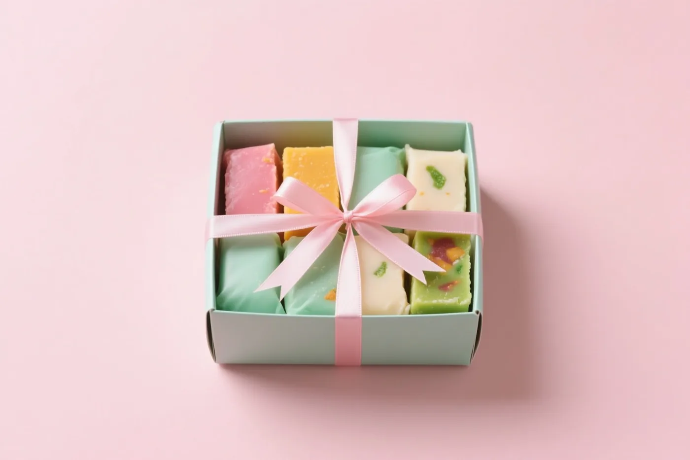 Een lichtgroene doos met kleurrijke vierkante mithai en een roze lint staat tegen een effen roze achtergrond.
