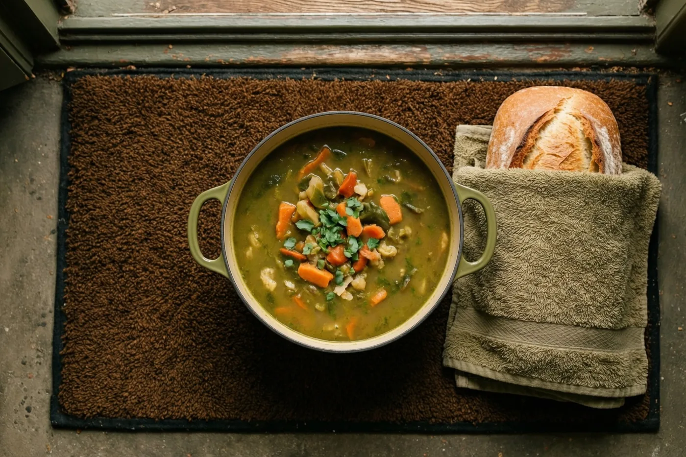 Een groene emaille pot met groentesoep en een brood in een groene keukenhanddoek staan op een bruine deurmat bij een drempel.