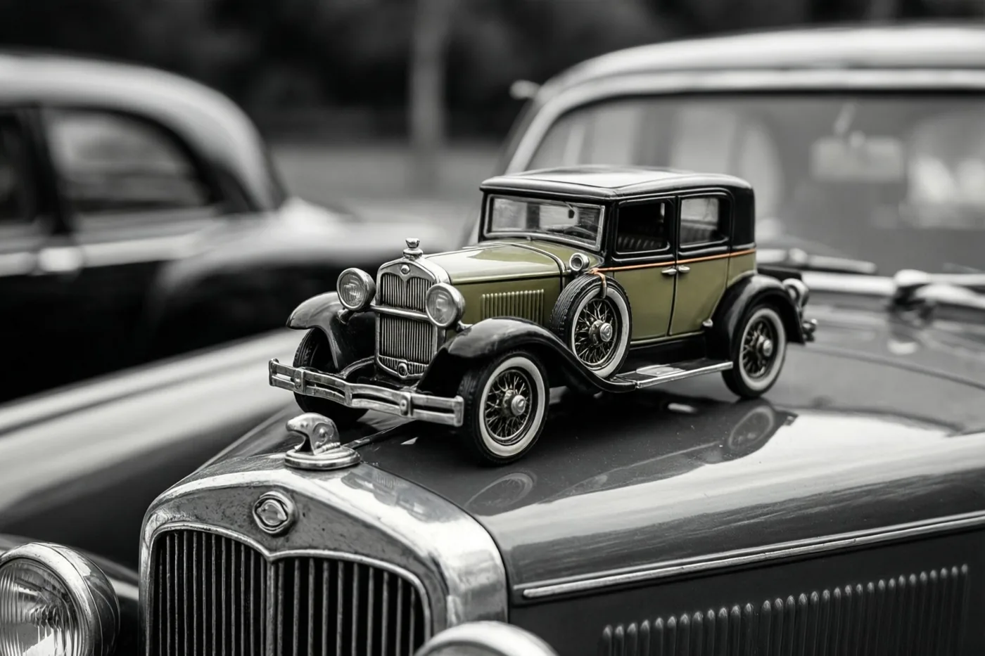 Een groene blikken speelgoedauto staat op de motorkap van een klassieke zwarte auto, waarbij alleen de speelgoedauto in kleur is weergegeven en de rest in zwart-wit.