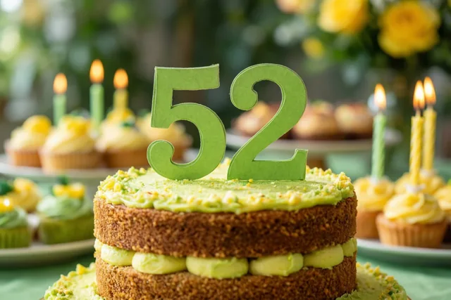 Een taart met meerdere verdiepingen, groen glazuur en een papieren versiering met 52 staat tussen cupcakes met brandende kaarsjes, met groen en gele bloemen op de achtergrond.