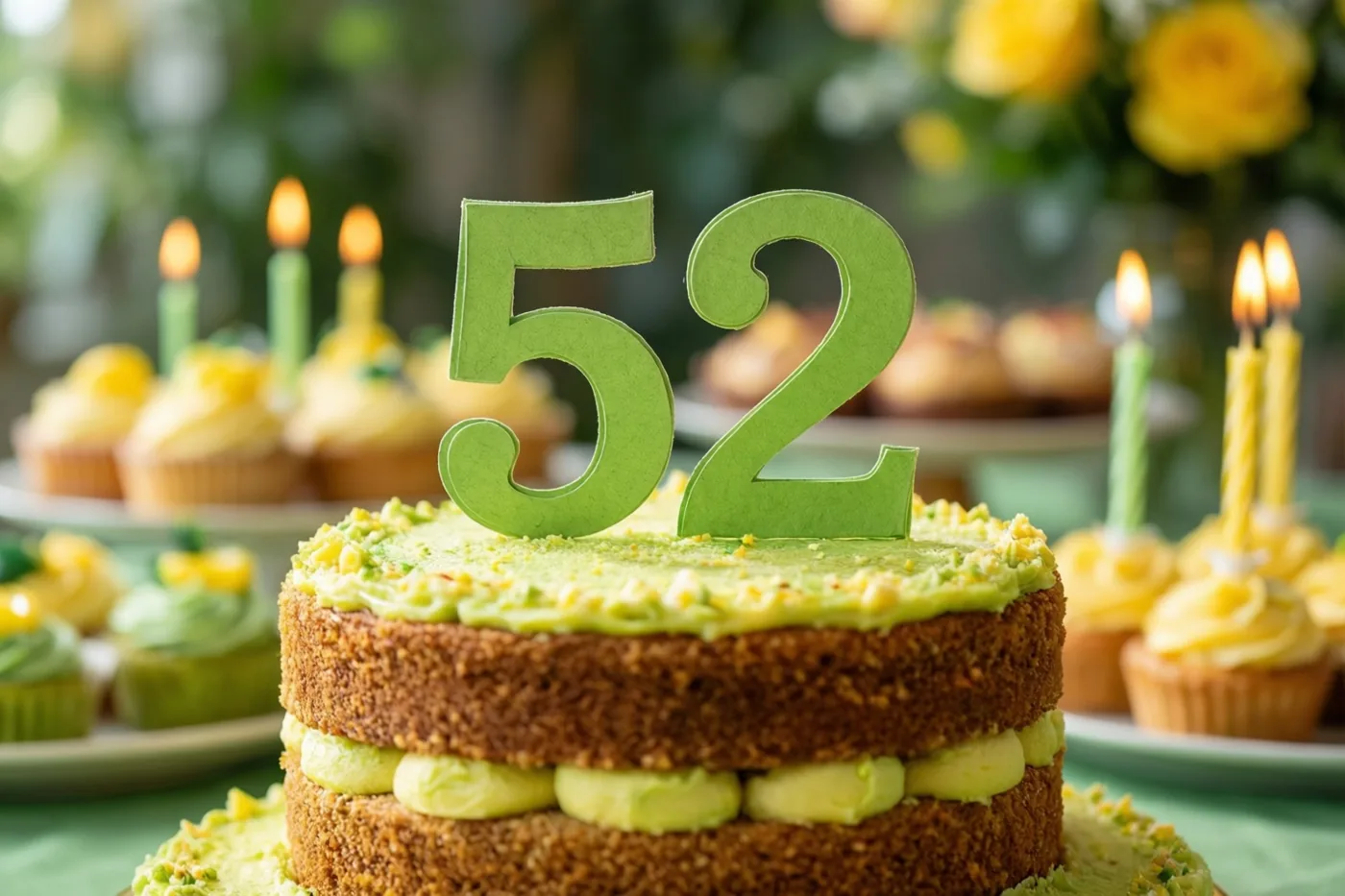 Een taart met meerdere verdiepingen, groen glazuur en een papieren versiering met 52 staat tussen cupcakes met brandende kaarsjes, met groen en gele bloemen op de achtergrond.