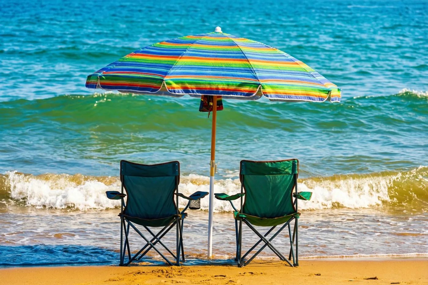 Twee groene klapstoelen staan op goudkleurig zand onder een kleurrijk gestreepte parasol, gericht naar zachte golven op turquoise zeewater.