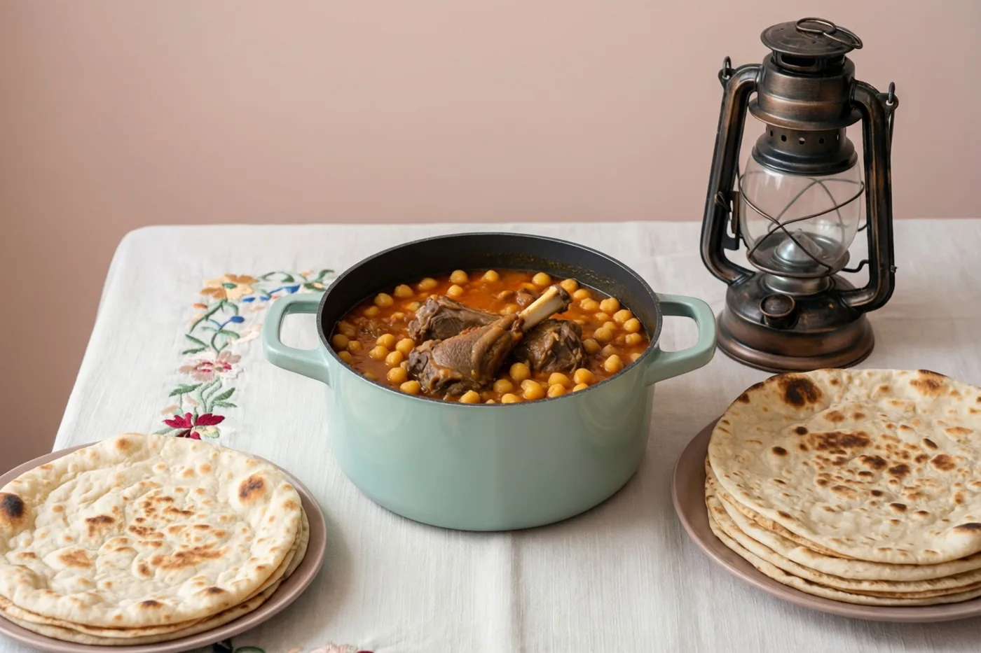 Een lichtgroene pot lamsstoofpot met kikkererwten staat op een wit geborduurd tafelkleed tussen borden met platte broden en een oude messing lantaarn, tegen een zachtroze achtergrond.