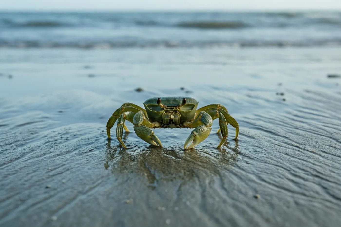Een kleine groene strandkrab loopt bij laagwater over nat zand met ribbels, met de zee op de achtergrond.