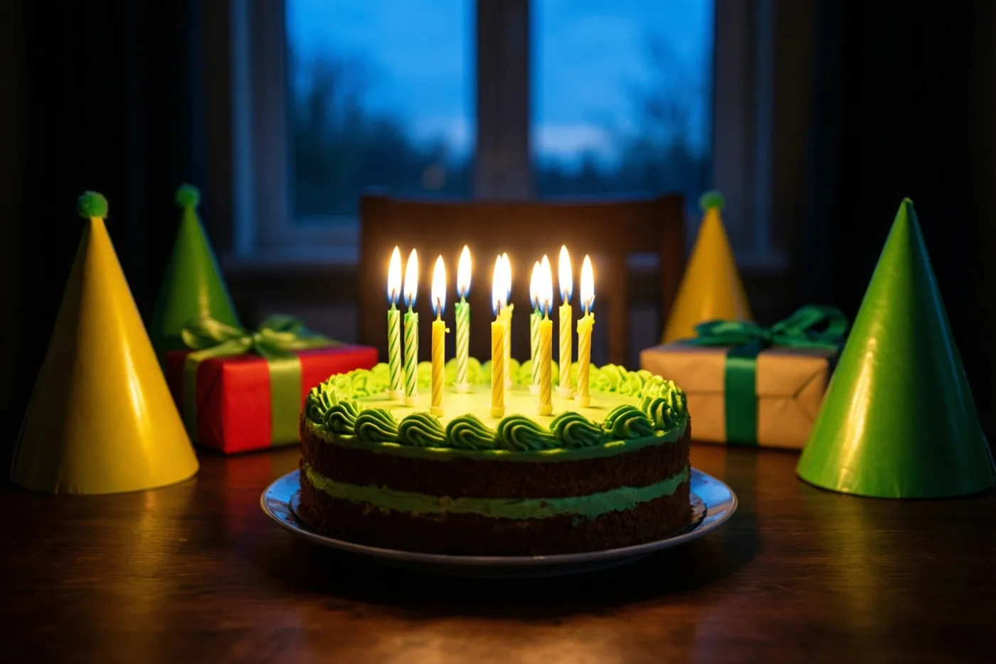 Een ronde taart met groen glazuur en brandende kaarsen staat tussen feesthoedjes en ingepakte cadeaus op een houten tafel in een schemerige eetkamer, met avondschemering achter het raam.