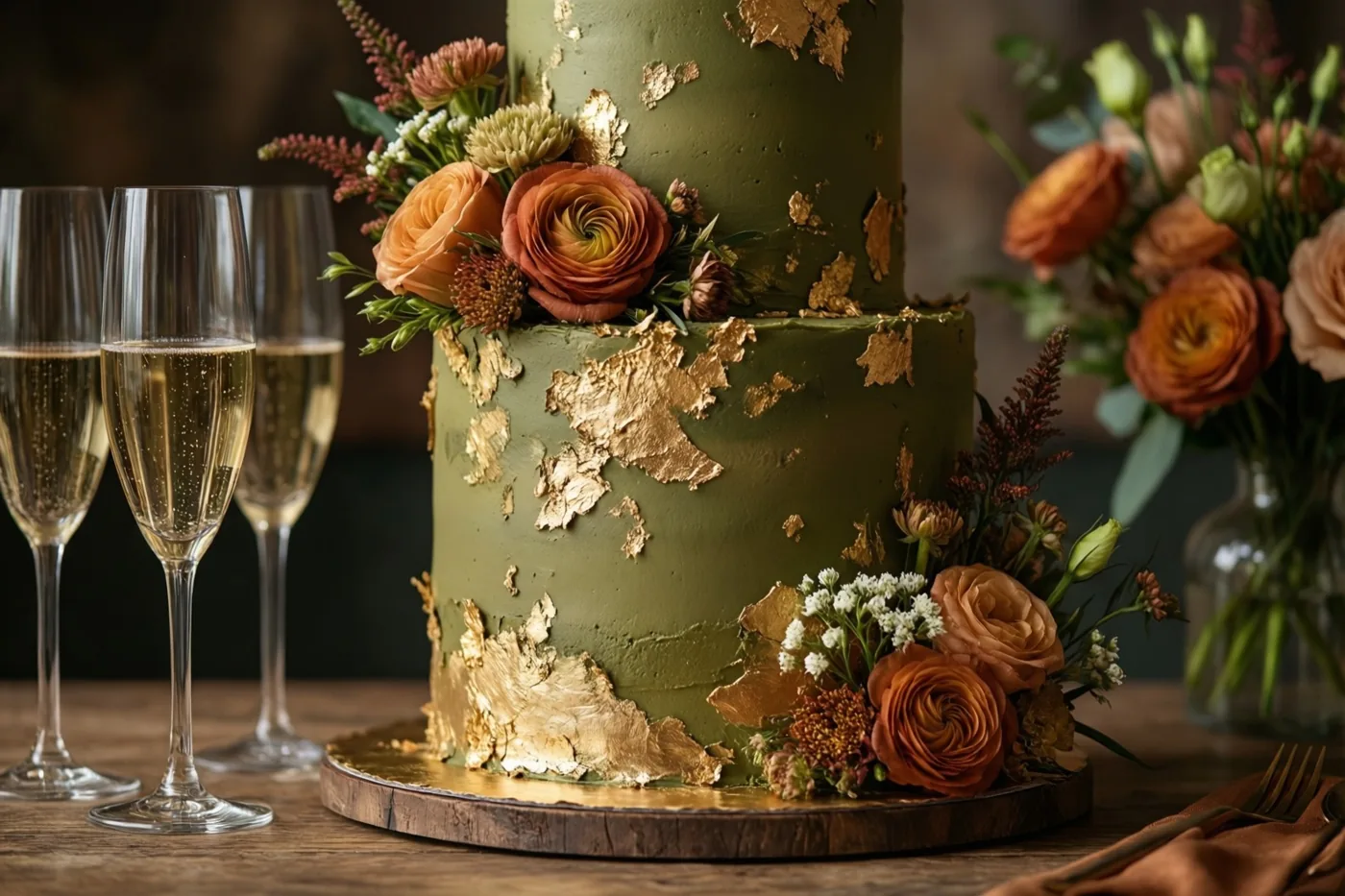 Een groene taart met twee verdiepingen, bladgoud en oranje en witte bloemen staat op een houten plank naast drie glazen schuimwijn op een rustieke houten tafel.