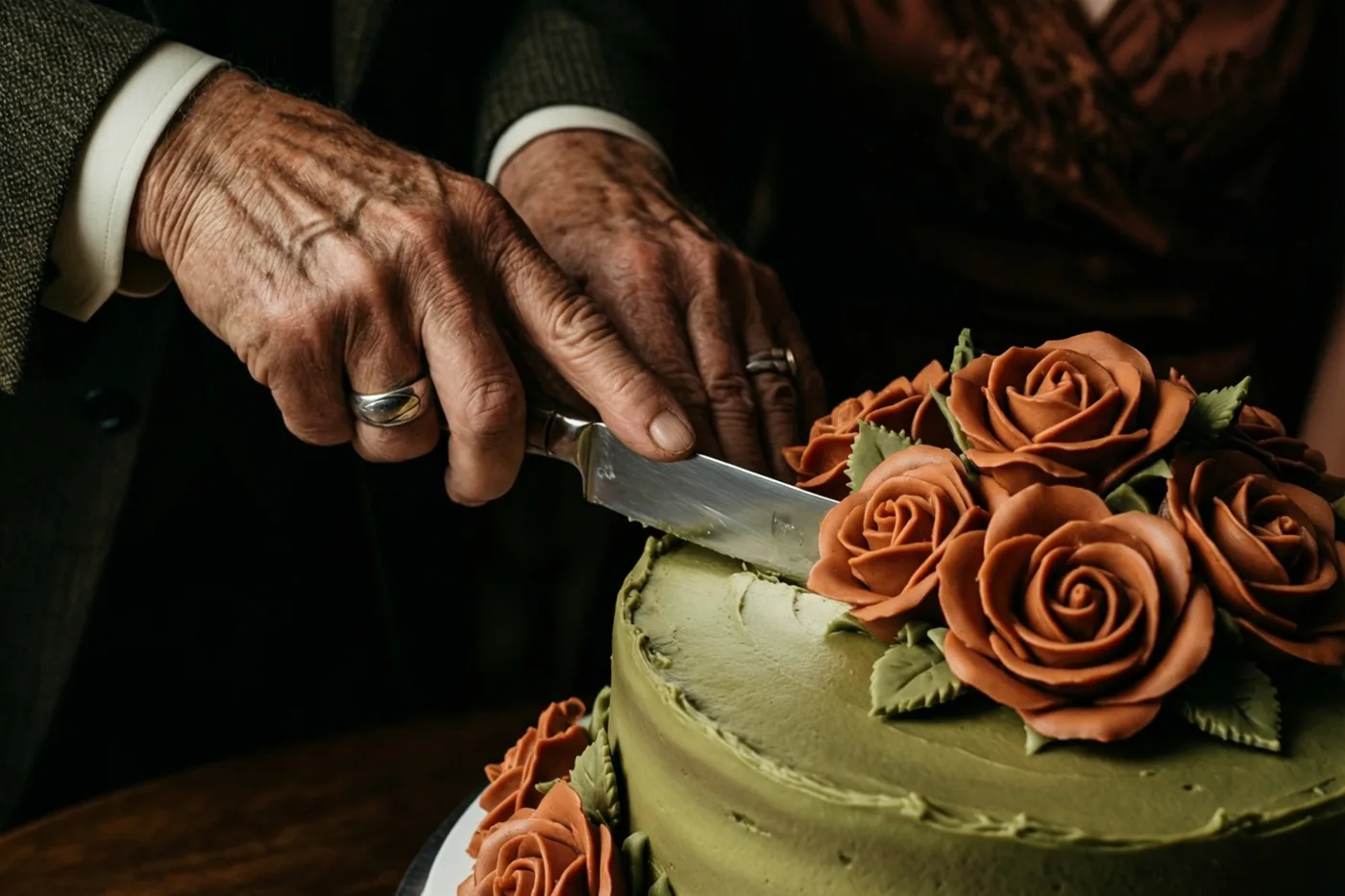 Twee oudere handen met trouwringen snijden een taart met groen glazuur en bruine suikerrozen aan tegen een donkere achtergrond in warm licht.