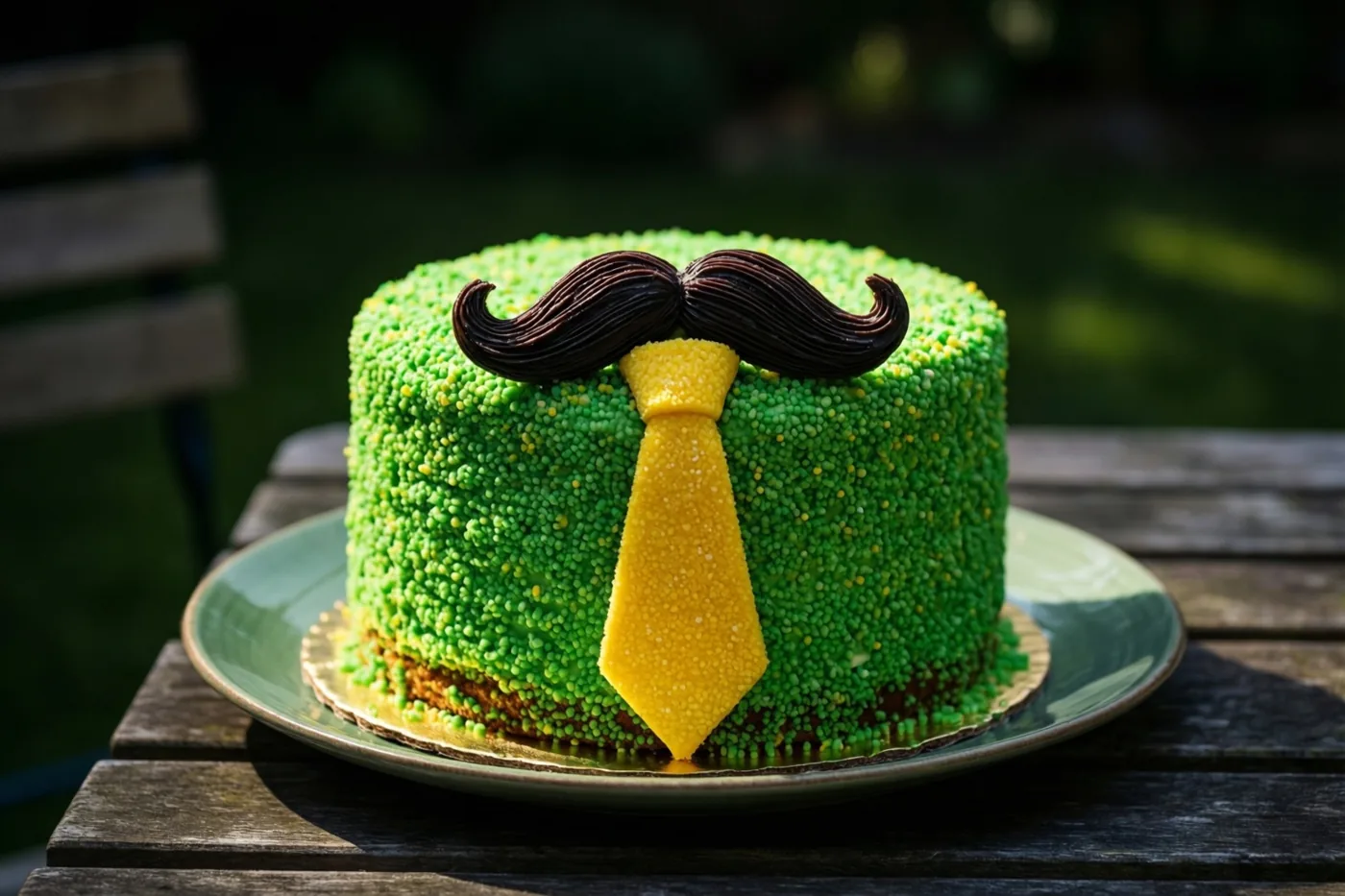 Een ronde groene taart met een chocoladesnor en een gele suikerdas staat op een groen bord op een houten tuintafel.