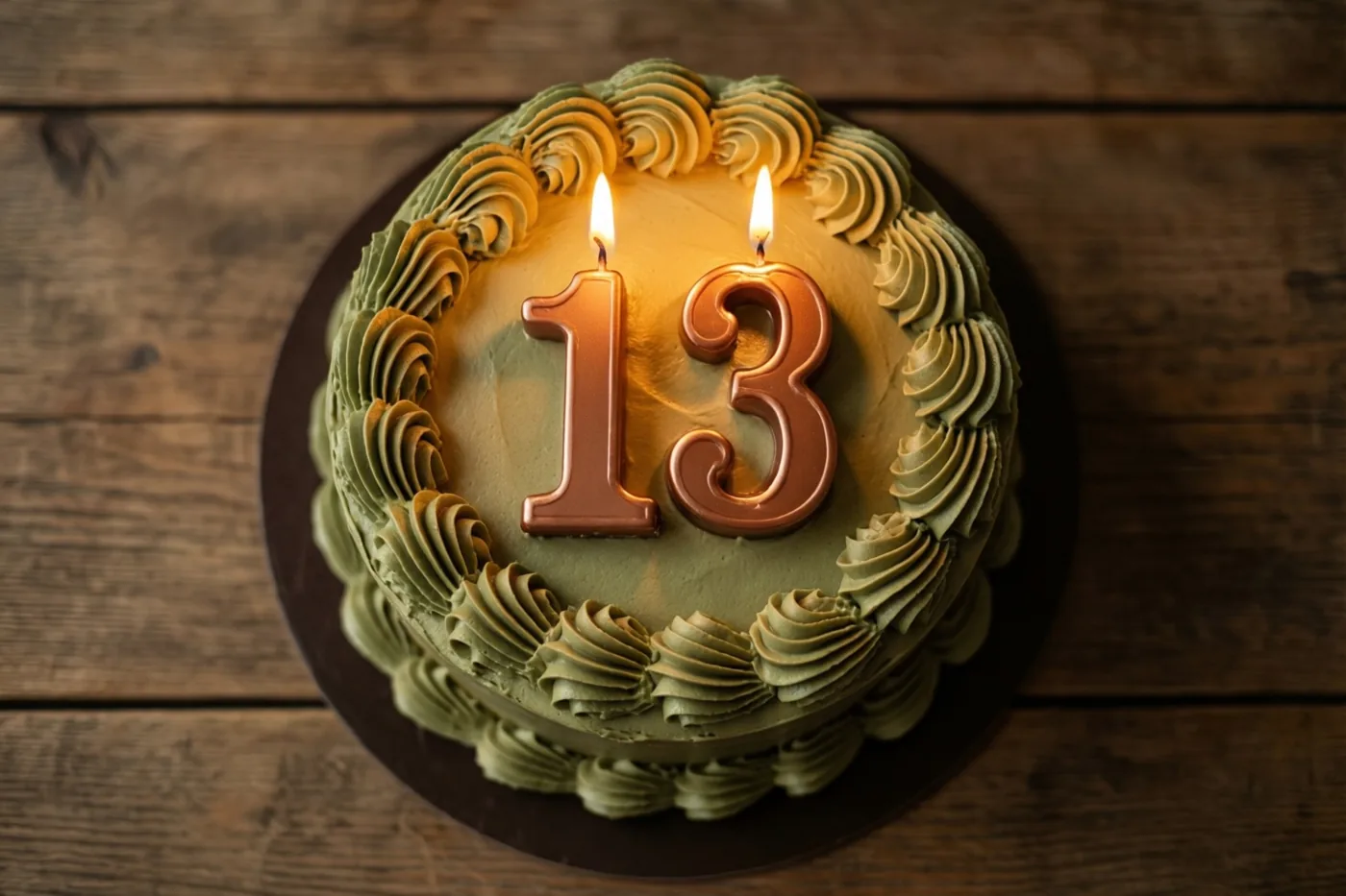 Een ronde roomtaart met groen glazuur en een opgespoten rand staat op een houten tafel met twee brandende cijferkaarsjes die 13 vormen.