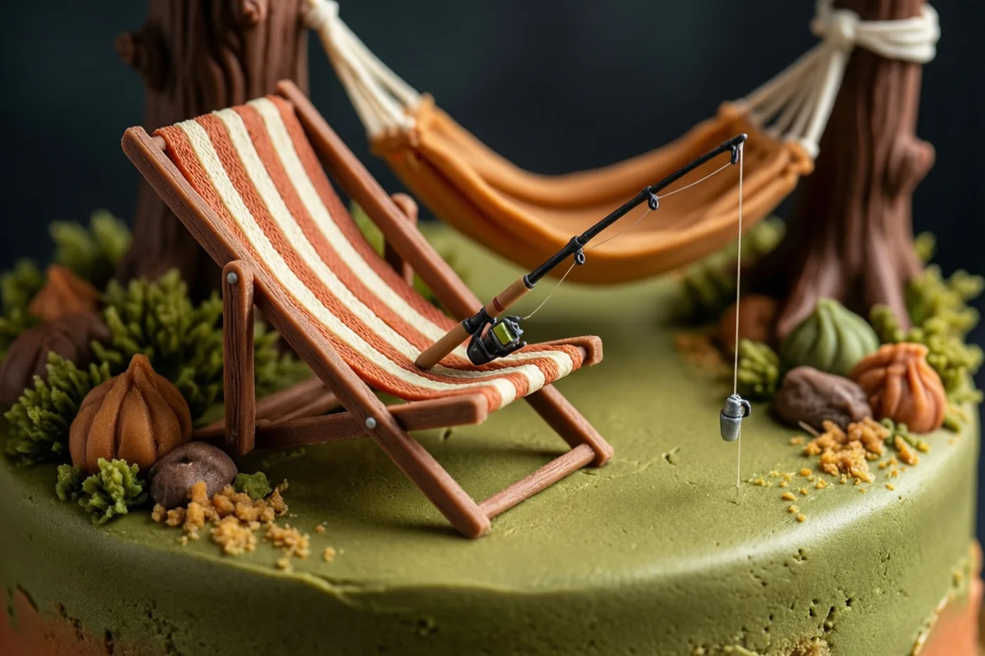 Een taart met een groene bovenkant is versierd met een gestreepte miniatuurstrandstoel, een hangmat tussen boomstammen, een hengeltje met lijn en gewichtje, decoratief groen en noten.