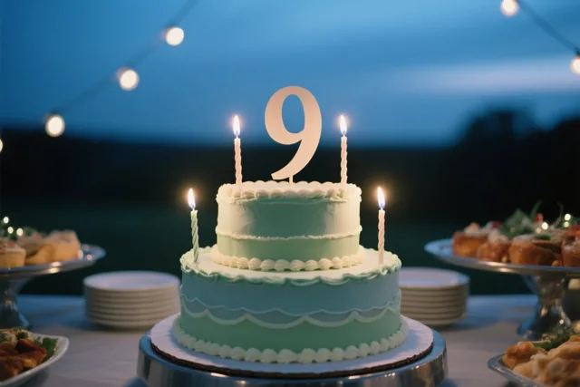 Een lichtgroene taart met twee verdiepingen, wit glazuur, brandende kaarsjes en een grote papieren 9 staat buiten op een tafel in de schemering, onder lichtslingers en naast schalen met eten.