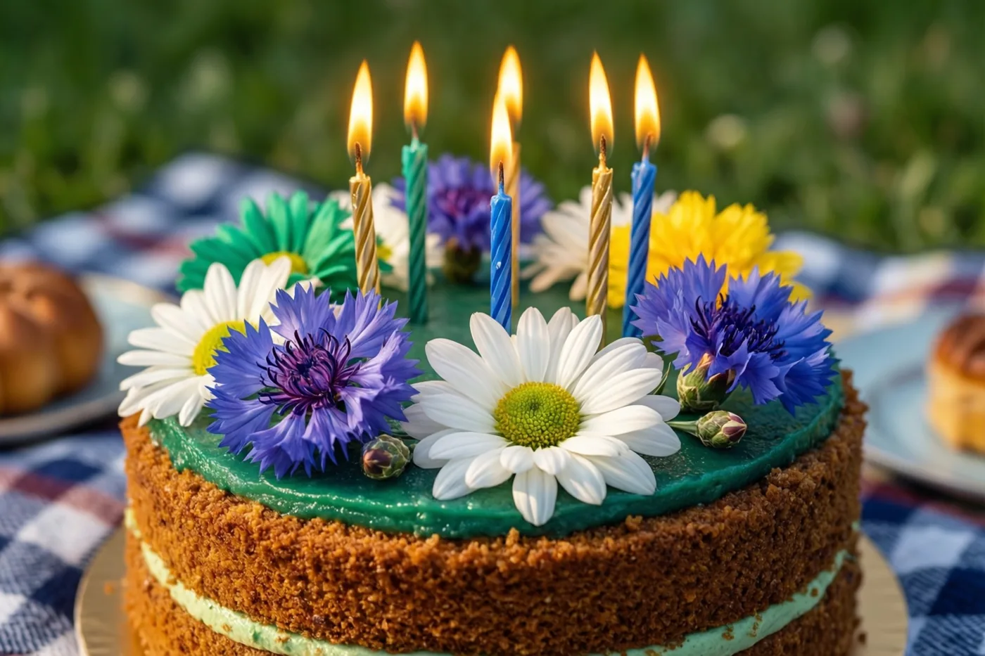 Een ronde taart met groen glazuur, verse madeliefjes, korenbloemen en brandende kaarsjes staat buiten op een blauw-wit geruite picknickdeken met groen op de achtergrond.