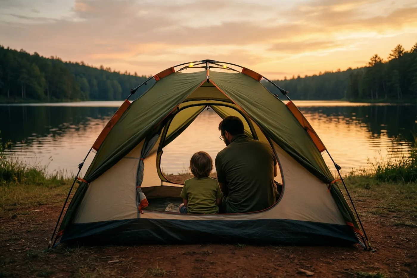Een vader en een kind zitten met hun rug naar de kijker in een groene en beige tent aan een meer, waar de avondzon op het water weerspiegelt en bomen langs de overkant staan.