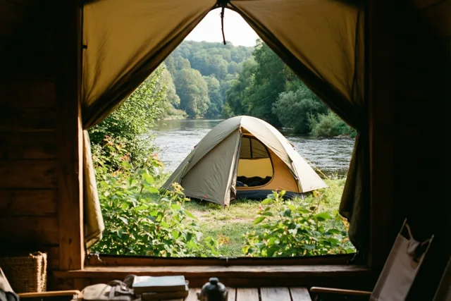 Vanuit een houten hut kijk je door een open tentflap naar een groene tent op het gras bij een rivier, met dichtbeboste heuvels erachter.