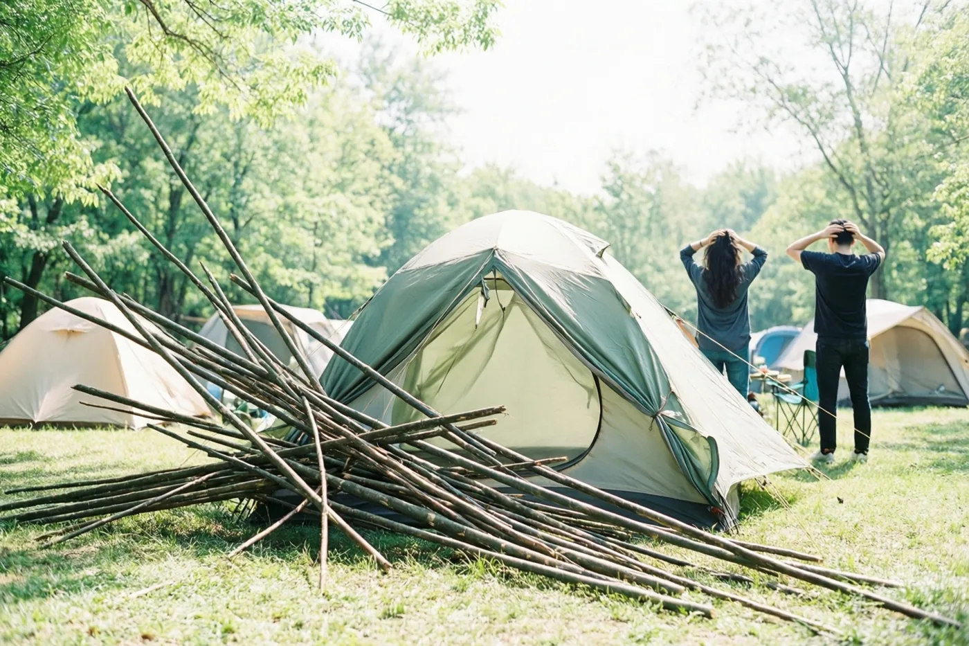 Een groene tent ligt ingestort tussen de stokken op een zonnige grasrijke camping, terwijl twee mensen op de achtergrond met hun rug naar de camera aan hun hoofd krabben.