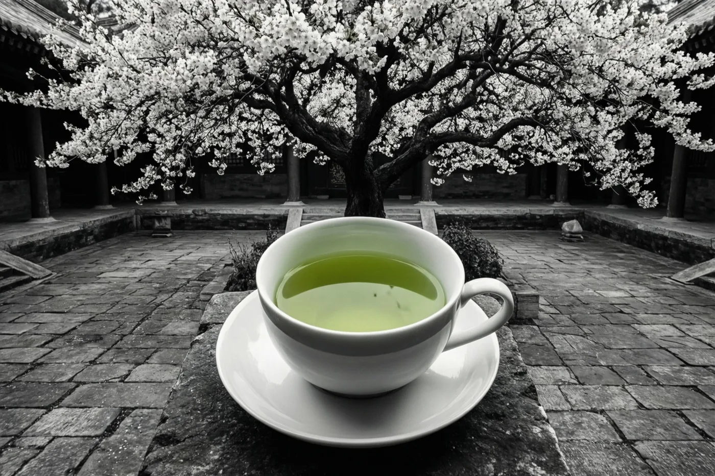 Een witte kop groene thee staat op een schoteltje op een stenen terras met een bloeiende boom erachter, waarbij alleen de thee kleur heeft.