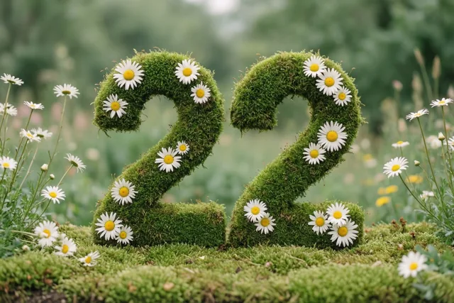 Een groene haag met mos vormt 22, versierd met witte madeliefjes tegen een onscherpe groene achtergrond in een landelijke tuin.