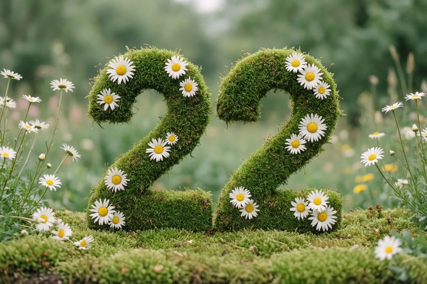 Een groene haag met mos vormt 22, versierd met witte madeliefjes tegen een onscherpe groene achtergrond in een landelijke tuin.