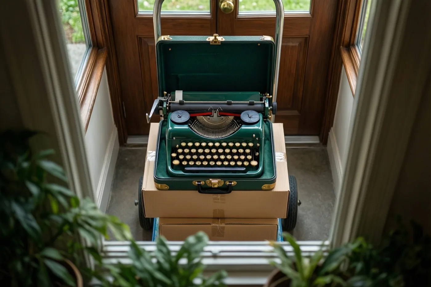 Door een raam met groene planten is een oude groene typemachine in haar koffer te zien, boven op kartonnen verhuisdozen op een steekwagen voor een houten deur.