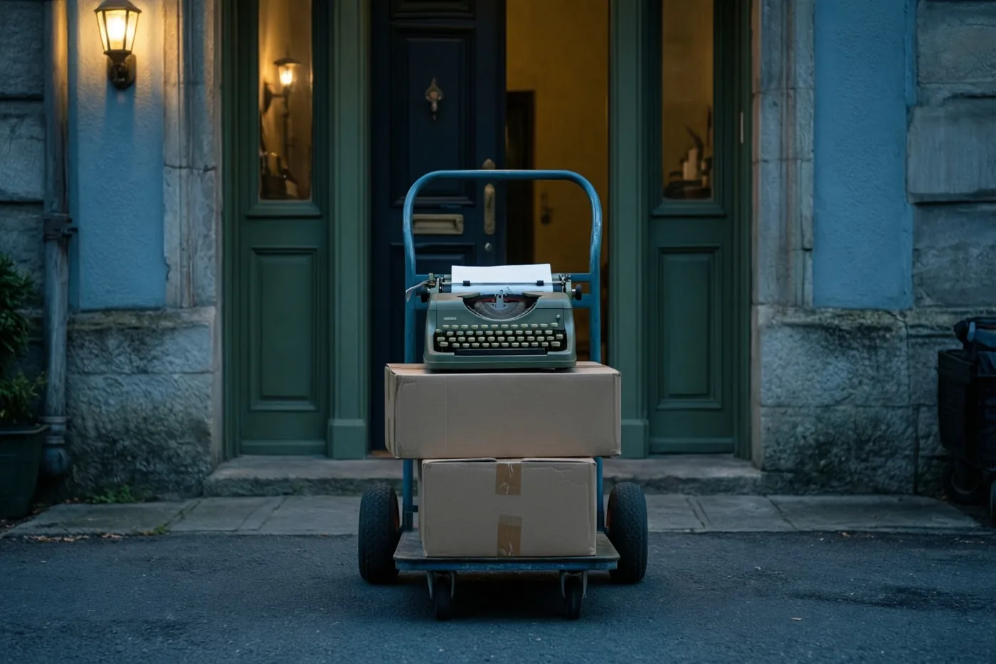 Een oude groene typemachine staat op kartonnen dozen op een blauwe steekwagen voor een donkergroene deur, met warm licht van binnen en van een wandlamp tegen de blauw getinte stenen gevel.