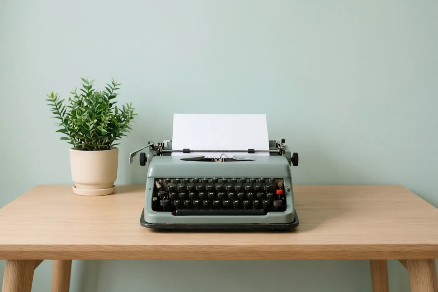 Een groene retrotypemachine met een blanco vel papier staat op een licht houten bureau naast een groene plant in een beige pot, tegen een bleekmintgroene muur.