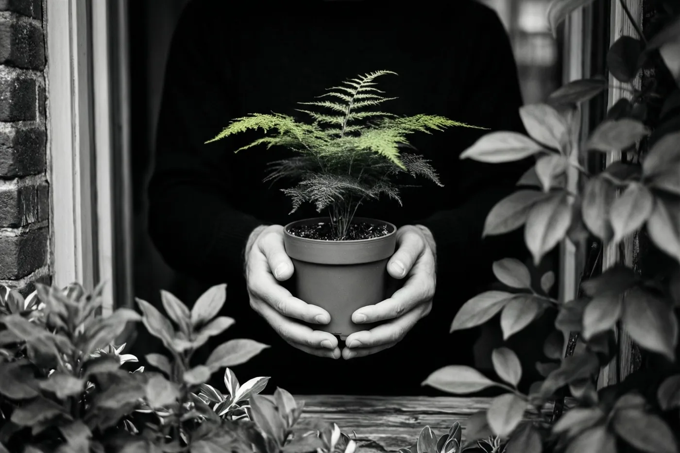 Handen houden een kleine varen in een pot voor een raam tussen andere planten, waarbij alleen de groene varen kleur heeft in het verder zwart-witte beeld.
