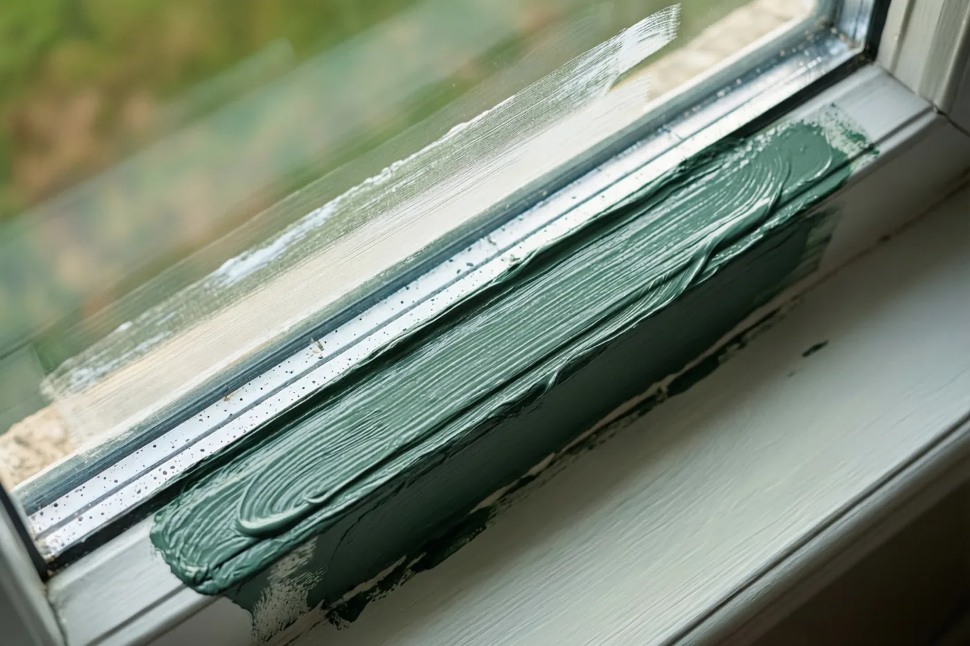 Op een vensterbank droogt verse groene verf, met afplaktape op het glas en natuurlijk licht van buiten.
