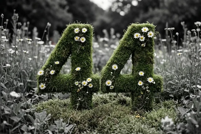 Twee grote met mos bedekte vieren met witte madeliefjes staan in een landelijke tuin, waarbij het felle groen afsteekt tegen een vrijwel kleurloze achtergrond.